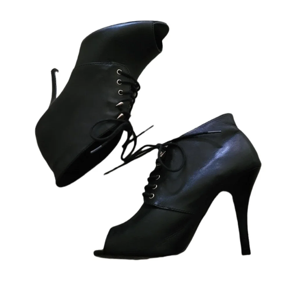 Aldo Black Leather Peep Toe Lace Up‎ Stiletto Ankle Booties Gold Studded Heels
